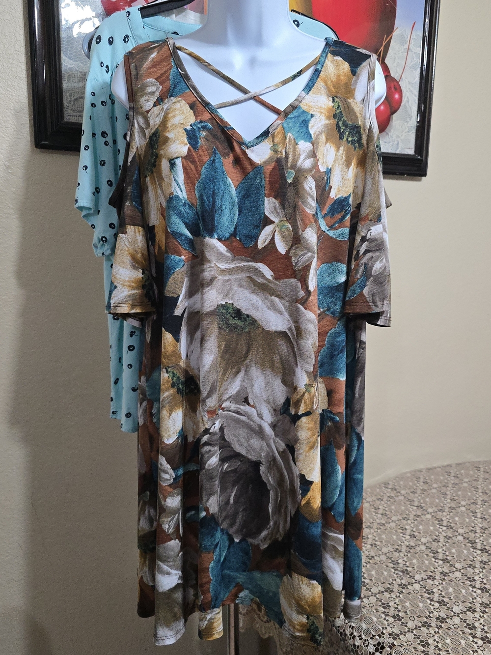 Honeyme Multicolor Floral-Print Mini Dress in Teal, Rust & Cream